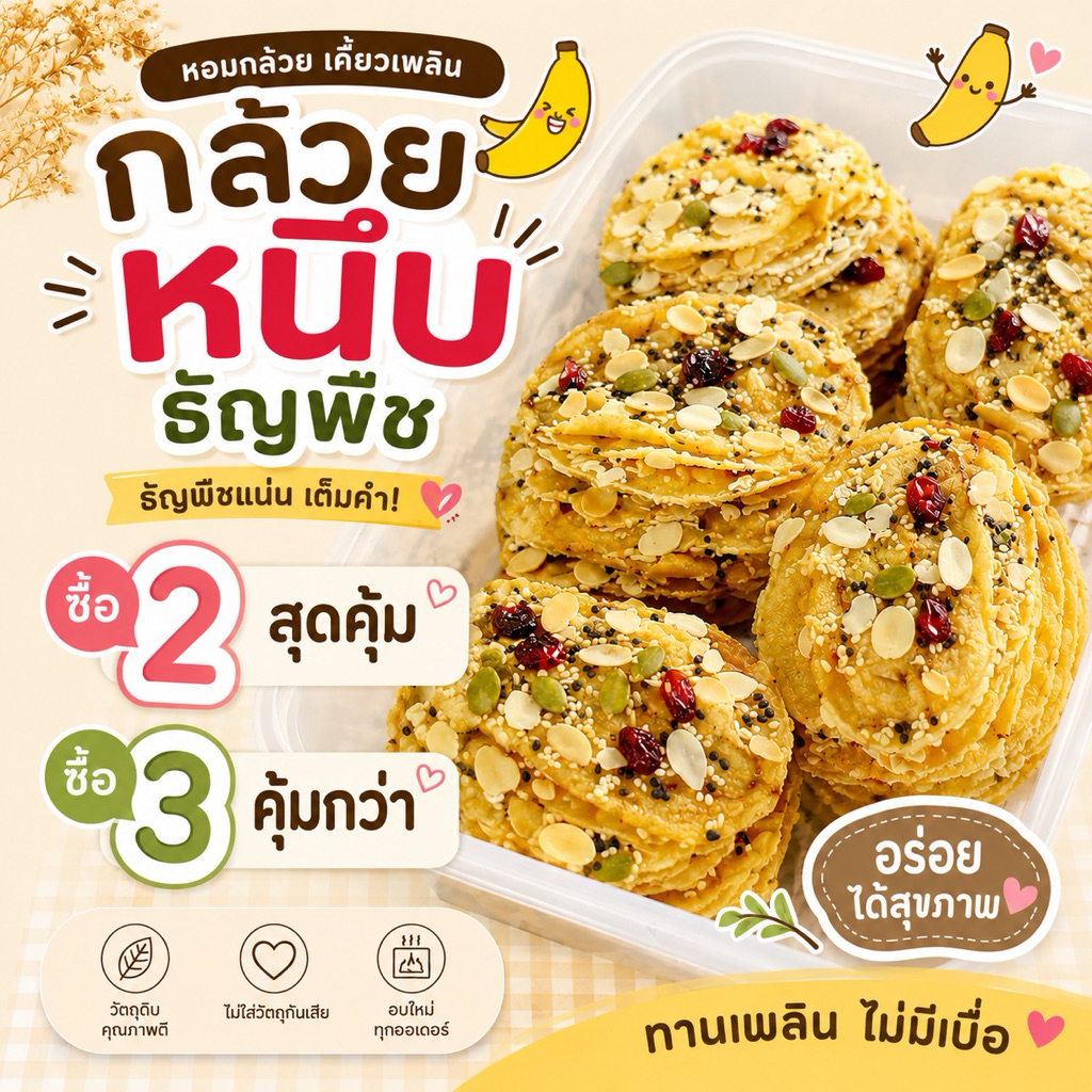 กล้วยหนึบ ธัญพืช ไม่ใส่น้ำตาล หวานธรรมชาติ อบสดใหม่ กล้วยอบแห้ง ขนมคลีน มีหลายรสชาติ 120g
