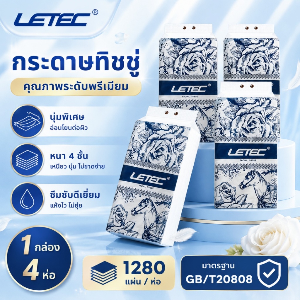 [แพคเกจใหม่] กระดาษทิชชู่ 4 ชั้น หนานุ่มเป็นมิตรกับผิว ซึมซับดี 1280 แผ่น x 4 ห่อ ใช้ได้ทุกวัน คุ้มค่า ประหยัด