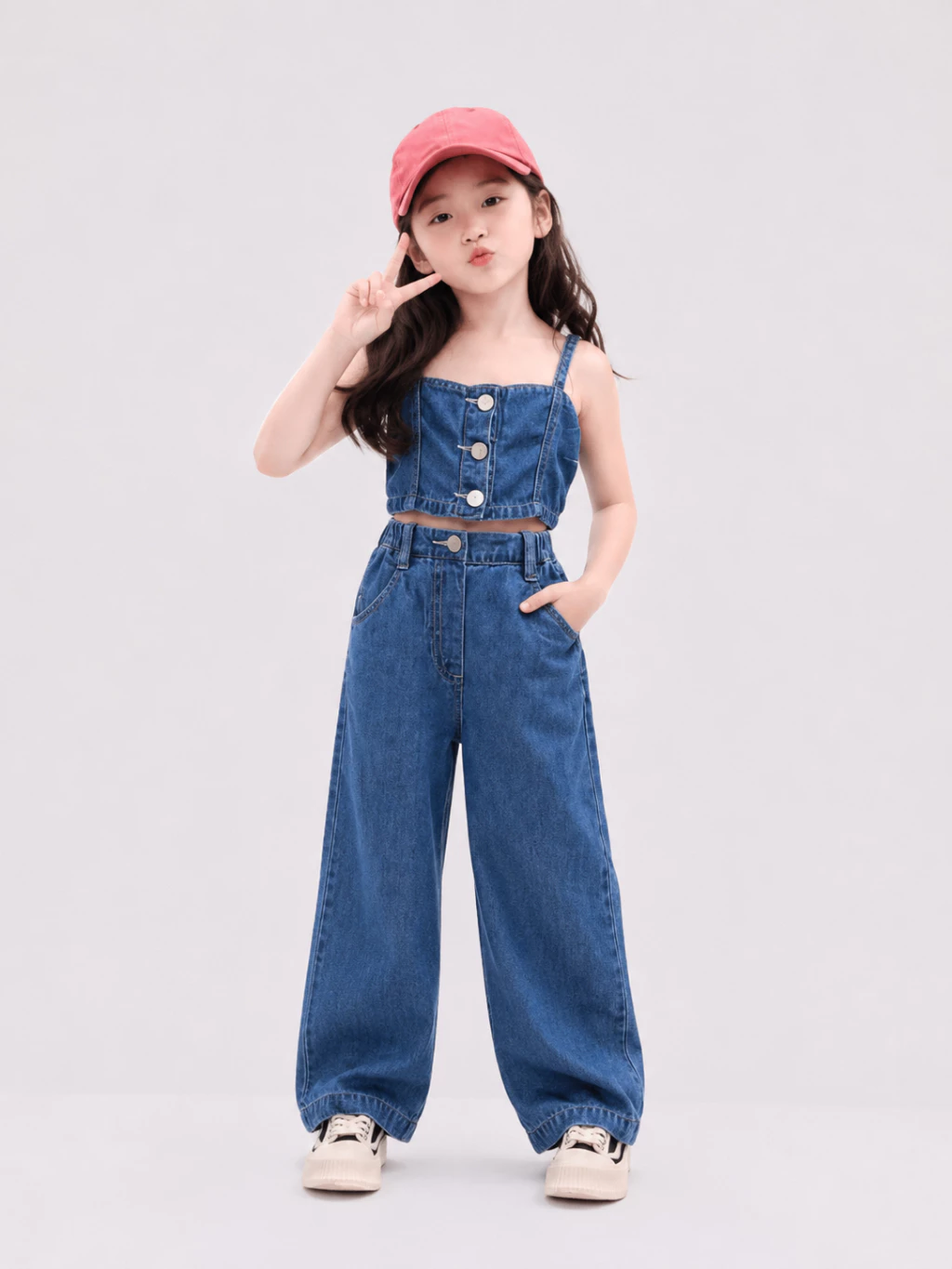 Hania kids พร้อมส่ง ชุดเซ็ตผ้ายีนส์เสื้อพร้อมกางเกง ชุดเด็กผู้หญิงน่ารัก K2220471