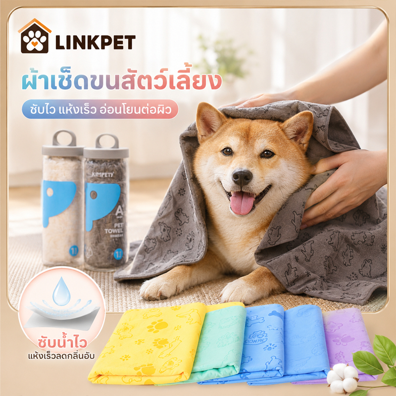 ผ้าเช็ดตัวสุนัขไมโครไฟเบอร์ซับน้ำ Linkpet