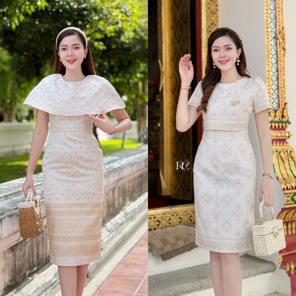 เดรสผ้าไทยลายแพรววา ทรงสอบ ผ่าหลัง สีขาวงาช้าง ฟ้า เหลือง ราคา 729 บ. แถมพิน