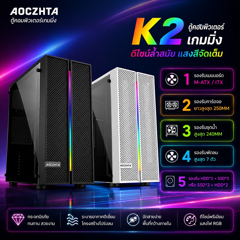 เคสคอมพิวเตอร์ AOC Colorful K2 เคสคอมพิวเตอร์แบบเต็มด้านกระจก RGB ATX ...