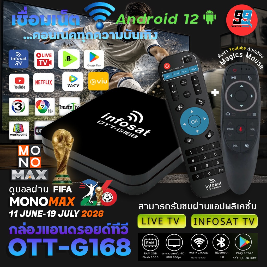 Infosat Internet TV Box インターネットテレビ ボックス INFOSAT G168 (Android 12) กล่องทีวีอินเตอร์เน็ต (Infosat TV, Mono