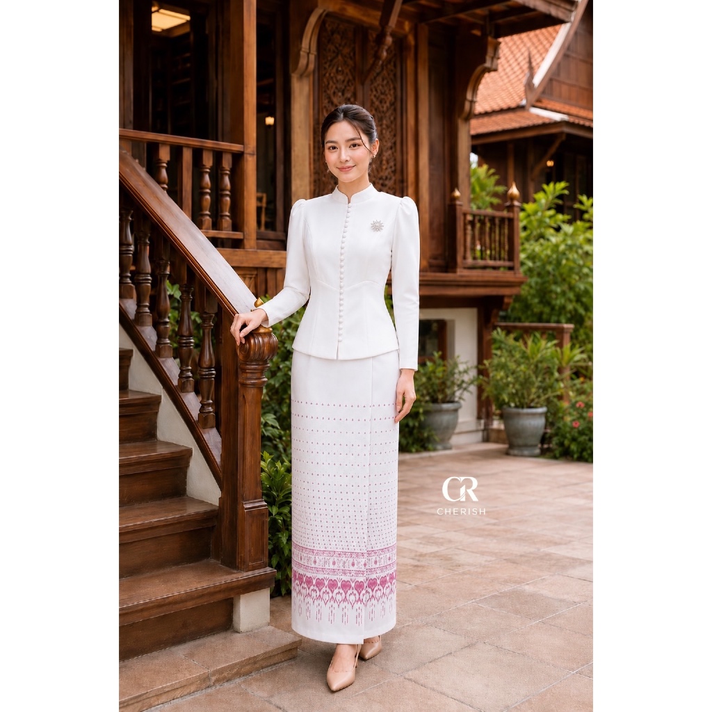 CHERISH ชุดไทยจิตรลดาแขนยาว สีขาวลายชมพู พรีเมียม 990฿ ใส่ไปงานมงคล มุมมองที่ 3