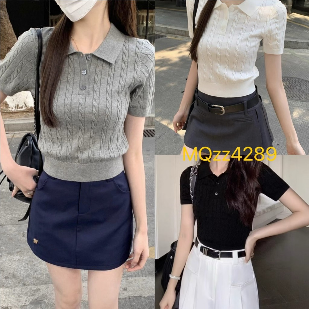 MQzz4289 *พร้อมส่ง* เสื้อไหมพรมแขนสั้นคอปก ถักลายเคเบิ้ล ทรงสวย ใส่สบาย Freesize