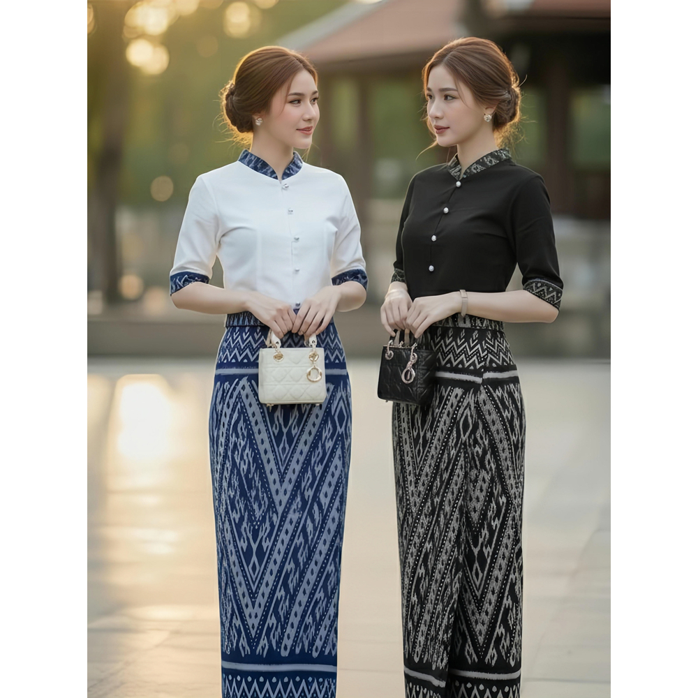 ชุดผ้าไทยลายครามหมักโคลน ผ้าฝ้ายนุ่ม 2ชิ้น พร้อมถุงใส่แก้วน้ำ