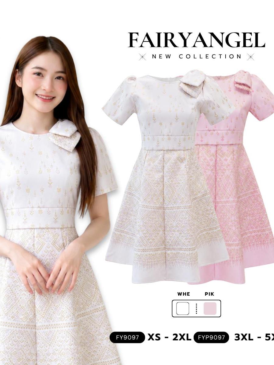 เดรสผ้าไทยทรงบานคอกลม FY9097 สีชมพู-ขาว ไซส์ S-5XL พร้อมส่ง Fairyangelstore มุมมองที่ 2