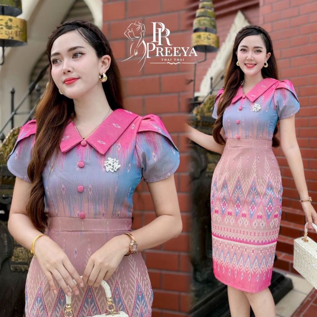 เดรสผ้าฝ้ายทอลาย PR15 ทรงสวยแพทเทิลเป๊ะ งานปราณีต ชุดไทย สีสวยใส่แล้วขับผิว มุมมองที่ 3