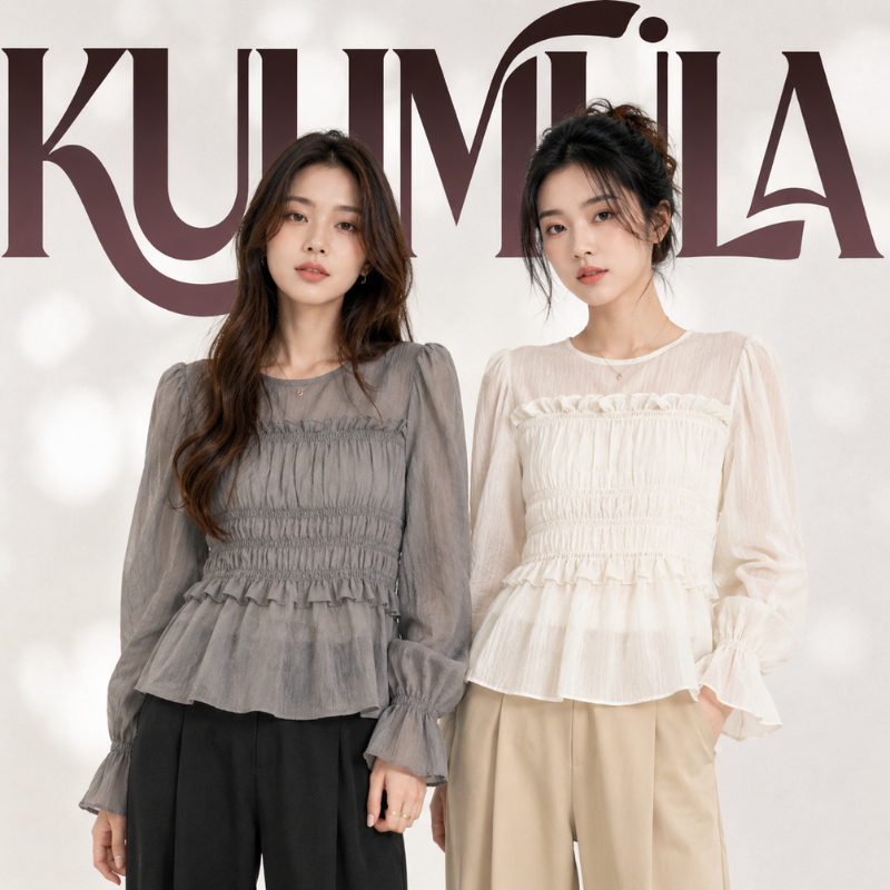 KULIMULA เสื้อชีฟองแขนยาว ดีไซน์จีบริ้วระบายชั้นผ้า เอวรัดสั้น ทรงน่ารัก สไตล์เกาหลี มีหลายสี YD123