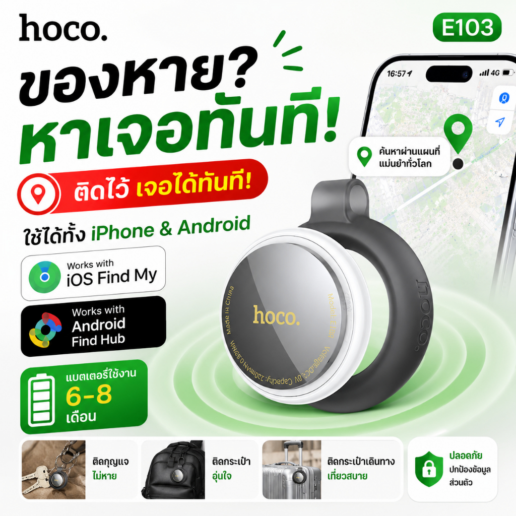 HOCO E103 GPS Tracker Tag เครื่องติดตามตำแหน่ง อุปกรณ์ติดตามของหาย ...