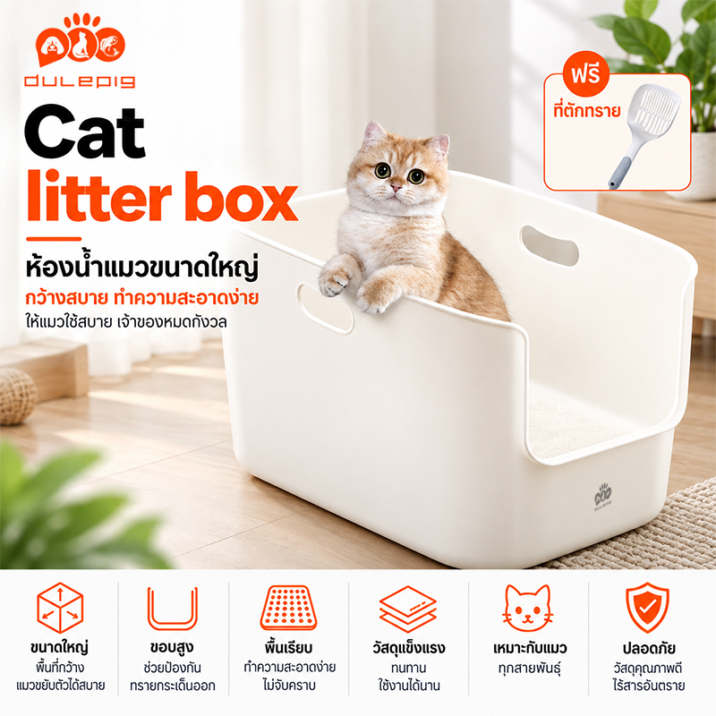 กะบะทรายแมว ขอบสูง วัสดุ PP cat litter box