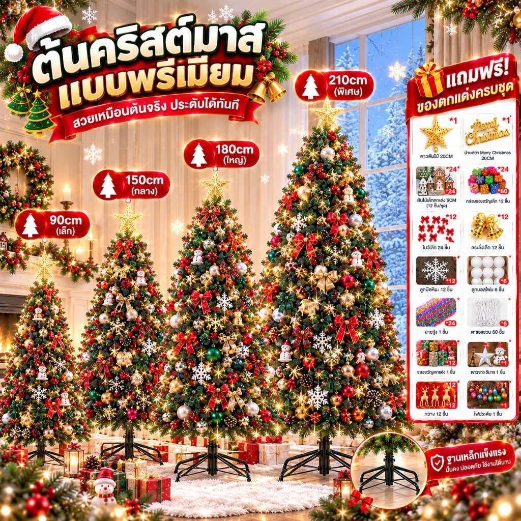 🎅ส่งของ 24 ชั่วโมง🎄ต้นคริสต์มาส ขนาด 90/150/180/210 cm ฐานเป็นเหล็ก ของตกแต่ง ฟรีมากกว่า 170 ชิ้น Christmas Tree
