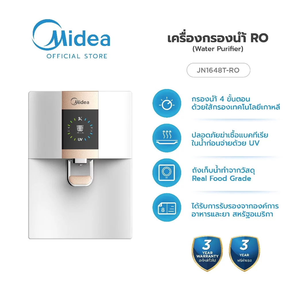 Midea เครื่องกรองน้ำแบบติดผนังหรือตั้งโต๊ะ ระบบ RO และ UV รุ่น JN1648T-RO *รับประกัน 3 ปี