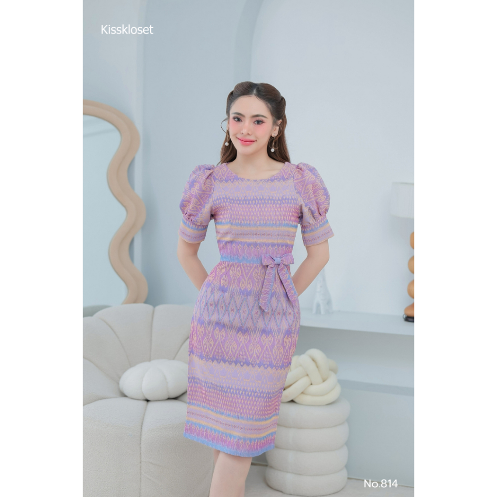 ชุดเดรสผ้าทอลายคอปาดแต่งโบว์เอว KS814 ทรงสอบแขนตุ๊กตา งานอัดกาว S-2XL มุมมองที่ 6