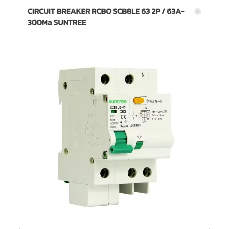 CIRCUIT BREAKER RCBO SCB8LE 63 2P / 63A-300Ma SUNTREE (Breaker ...
