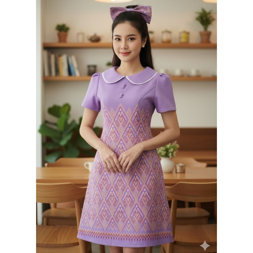 เดรสผ้าฝ้ายมัดหมี่ไทยอัดกาวทั้งชุด พร้อมส่ง ผ้าดี สีสวย ใส่แล้วน่ารัก มุมมองที่ 4