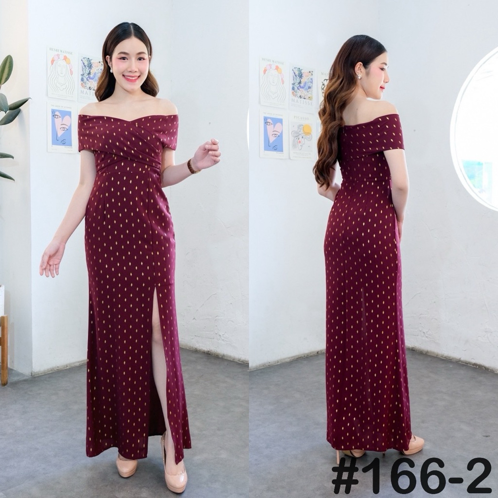 เดรสเพื่อนเจ้าสาวเปิดบ่า อกไขว้ ผ้าดิ้นทองลายข้าวหลามตัด สวยหรู LUXURY707 มุมมองที่ 6