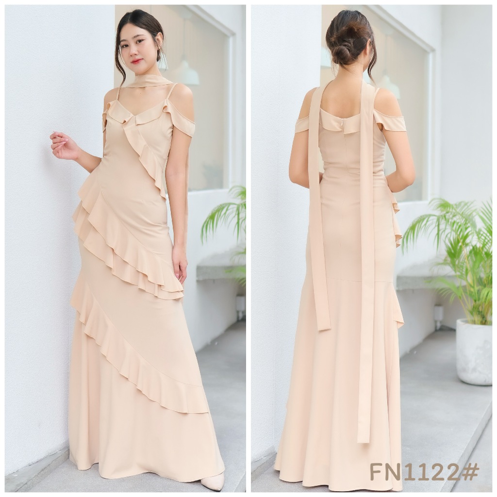 FN1122 เดรสสายเดี่ยวเปิดบ่าระบายทั้งตัว พรางพุงสวย ใส่ไปงานแต่งเพื่อนเจ้าสาว