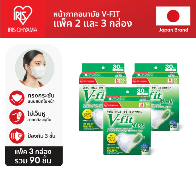 IRIS OHYAMA ไอริส โอยามะ หน้ากากอนามัย V-fit แบบกล่อง 30 ชิ้น แพ็ค 2 กล่อง และ 3 กล่อง + แผ่นมาส์ตาอุ่น/ทิชชู่เปียก