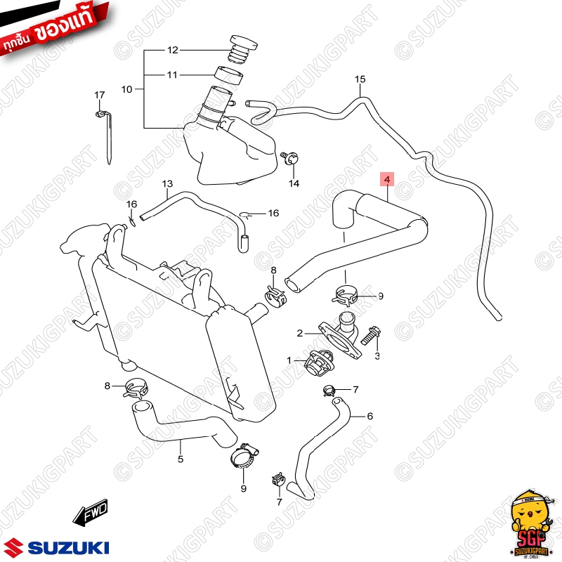 ท่อยางหม้อน้ำ ทางเข้า HOSE, RADIATOR INLET แท้ Suzuki Raider R 150 Fi ...