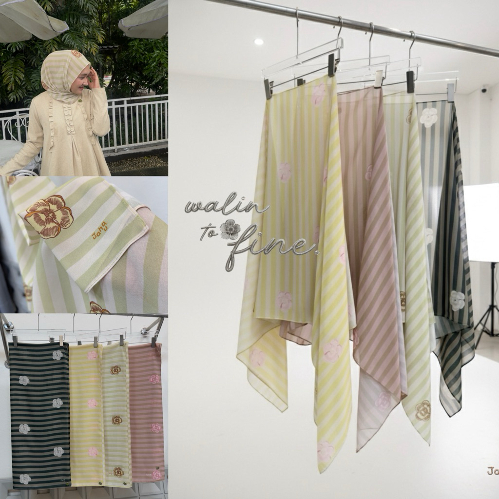 Jaha.u •NEW• hijab collection Walin to fine.ผ้าคลุมชีฟองพรีเมี่ยมแบบผ้าพันยาวลายริ้ว ดอกใหญ่เด่น สะดุด ขนาด180*80cm