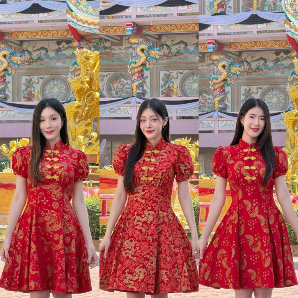 เดรสผูกคอกระโปรงบาน6จีบ แขนตุ๊กตา แต่งกระดุมจีน