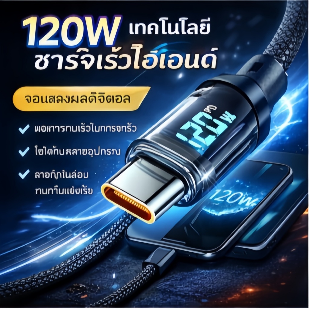 120W 6A ชาร์จเร็วสุดๆ USB C TO Type C สายชาร์จดิจิตอล PD สายชาร์จ สายชาร์จเร็ว สำหรับมือถือและแท็บเล็ต สายชาร์จ 1/2เมตร