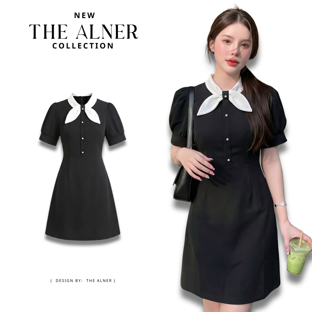 Thealner-AN758 (เดรสดำแขนตุ๊กตาแต่งโบว์ครีม) | Shopee Thailand