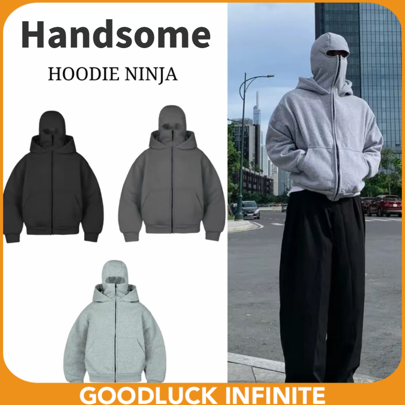 Boxy Form Ninja Zip Hoodie with 2 Balaclava Face Covers, Unisex