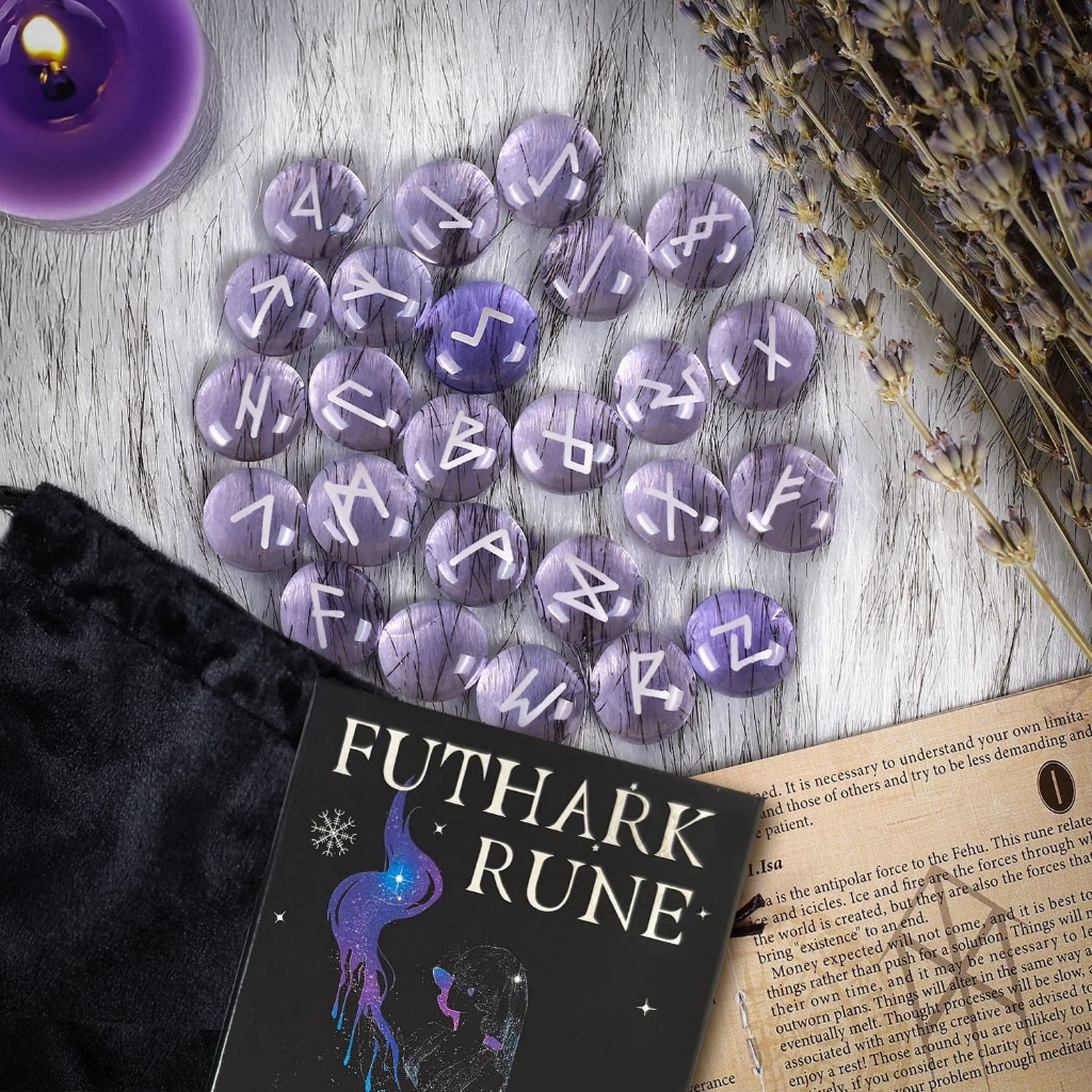ชุดหินรูนส์ หินทำนาย Purple Glass Runestone Set สีม่วง สายมู อุปกรณ์ดู ...