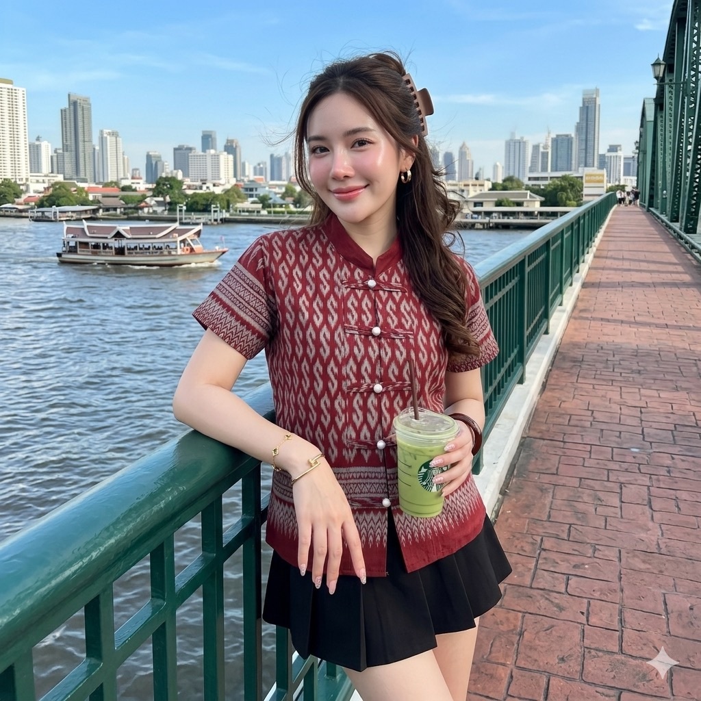 LANNA – เสื้อคอจีนแขนสั้นลายขอ เสื้อผู้หญิงใส่ทำงาน กระดุมแกะได้จริงทุกเม็ด ผ้าฝ้ายพิมพ์ลายทรงสวยใส่สบาย