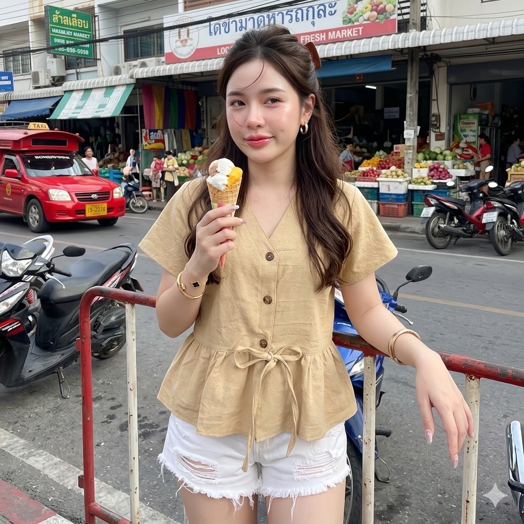Minimal – เสื้อผู้หญิง ผ้าฝ้ายคอวีผูกโบว์กระดุมแกะได้ ผ้าฝ้ายเนื้อนุ่ม ทรงสวยใส่สบาย