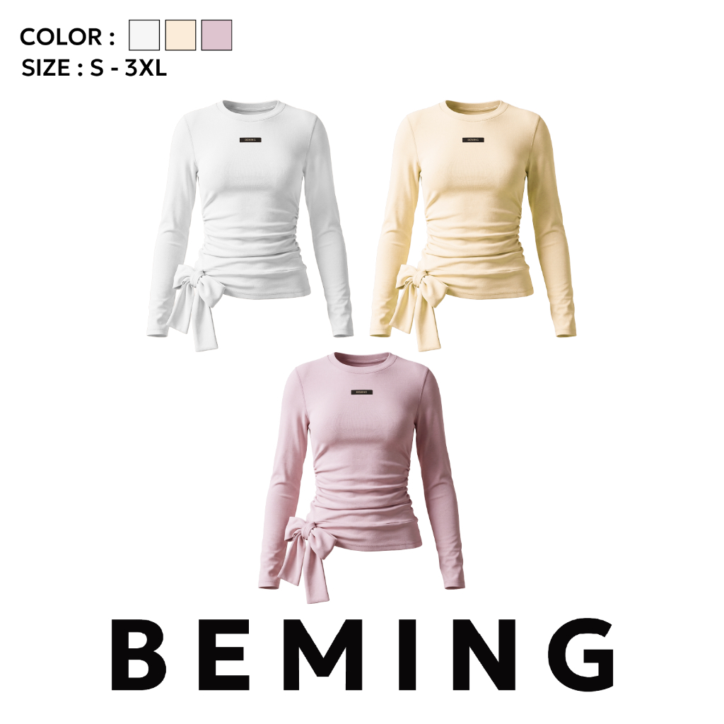 Bemingtop1186(XS-XL) -Biwty Top – เสื้อแขนยาวดีไซน์เรียบมีลูกเล่นดีเทลผูกโบว์ด้านข้าง