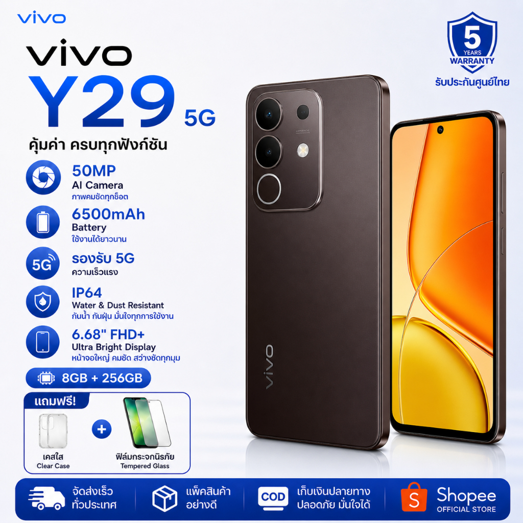 Vivo Y29 5G 8/256GB ฟีเจอร์ AI อัจฉริยะ 5G ชิปเซ็ต Snapdragon 685 แบต ...