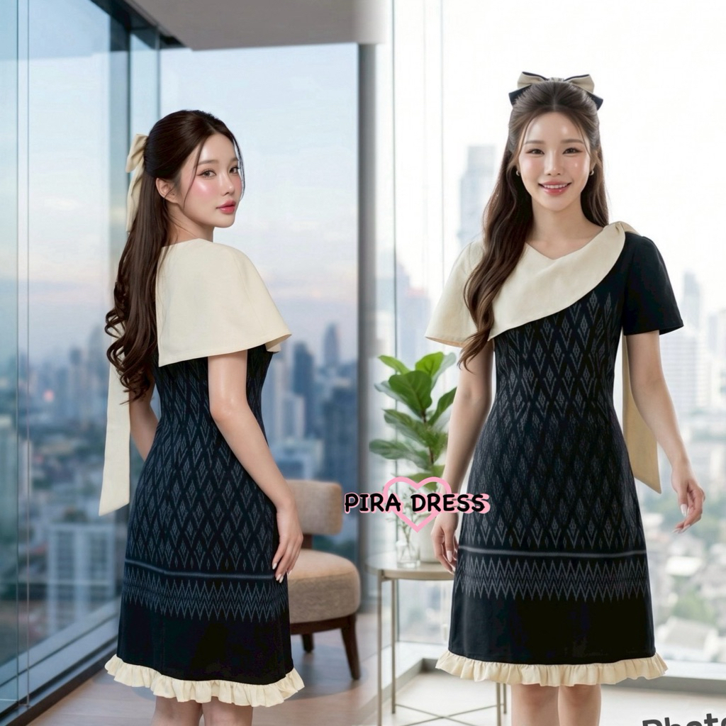 PIRA DRESS เดรสผ้าฝ้ายอัดกาว แต่งสไบ ทรงน่ารัก งานสวย พร้อมส่ง