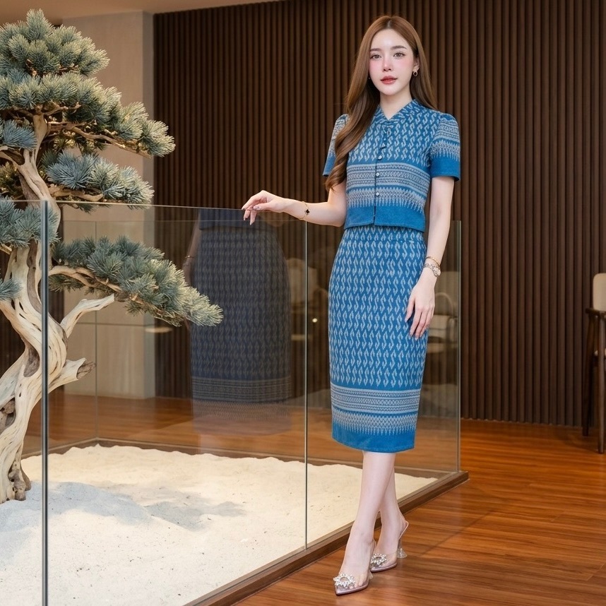 LANNA ชุดเซทเสื้อ+กระโปรงผ้าไทยลายดอกขอ ใส่ทำงาน-ออกงาน ทรงสวย ผ้าฝ้ายนุ่ม ดูดีทุกไซส์ มุมมองที่ 6