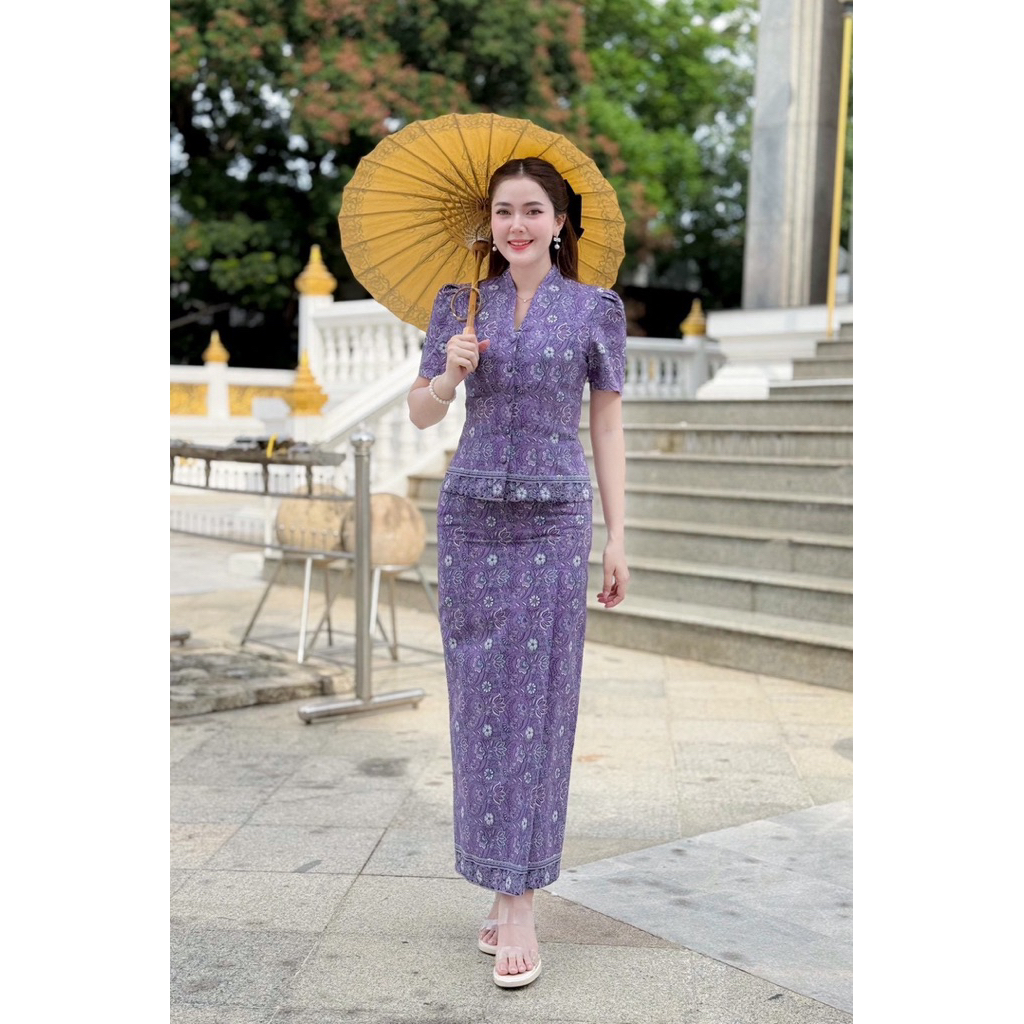 เซตชุดไทยปาเต๊ะสีเผือก เสื้อ+ผ้าถุง Cotton คอปีน เรียบหรูดูแพง พร้อมส่ง