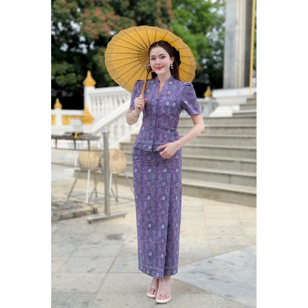 เซตชุดไทยปาเต๊ะสีเผือก เสื้อ+ผ้าถุง Cotton คอปีน เรียบหรูดูแพง พร้อมส่ง มุมมองที่ 4