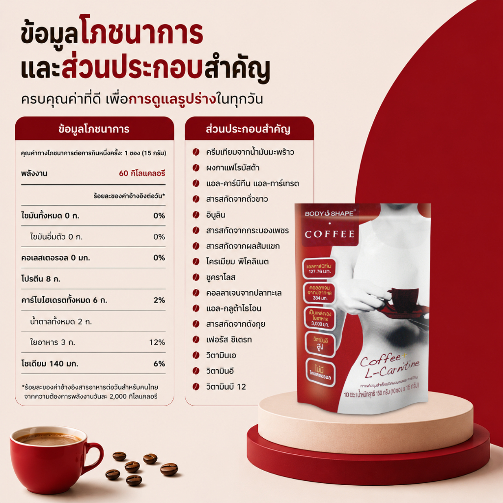 body shape coffee l carnitine Body Shape Coffee + L-Carnitine กาแฟผสมแอล-คาร์นิทีน 1 ถุง 10 ซอง