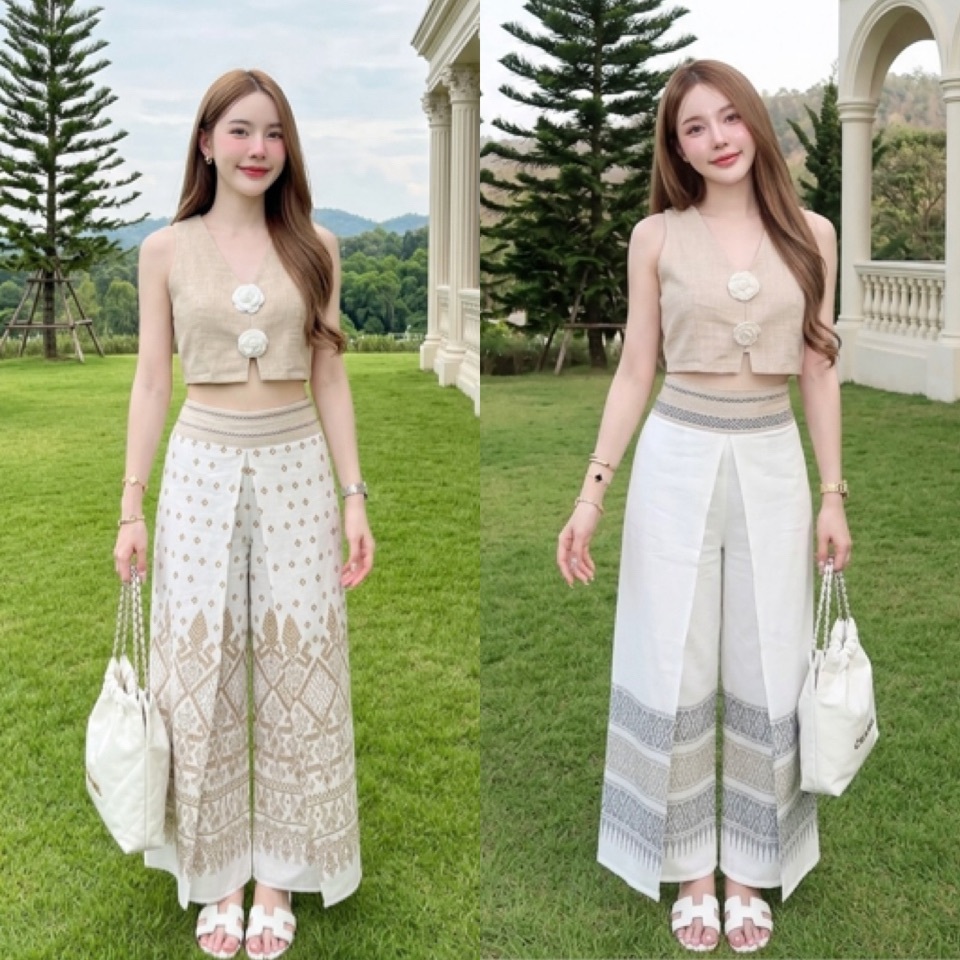 LANNA – กางเกงผ้าไทย ทรงขากระบอกใหญ่แหวกด้านหน้า ทรงสวยใส่สบาย ผ้าฝ้ายพิมพ์ลาย (สม็อคหลังยางยืด)