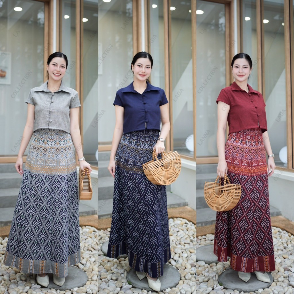 เซ็ทผ้าฝ้ายลายขอรอบเพชร: เสื้อคอปกxกระโปรง8ชิ้น สวยสง่า ใส่สบาย ไม่ร้อน!