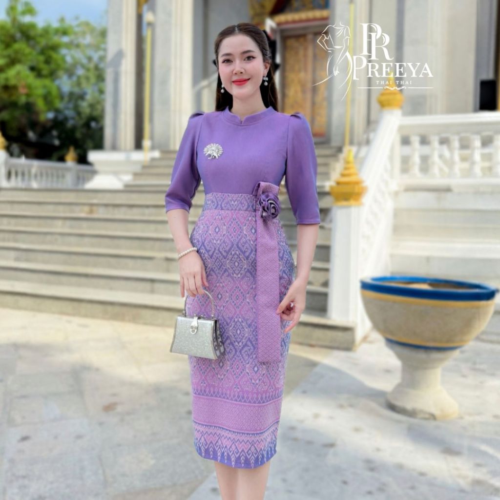 PR185 ชุดเดรสผ้าทอมัดหมี่ฝ้ายคราม ใส่สบาย ทรงสวย ไซส์ S-2XL แบรนด์ Preeya มุมมองที่ 3