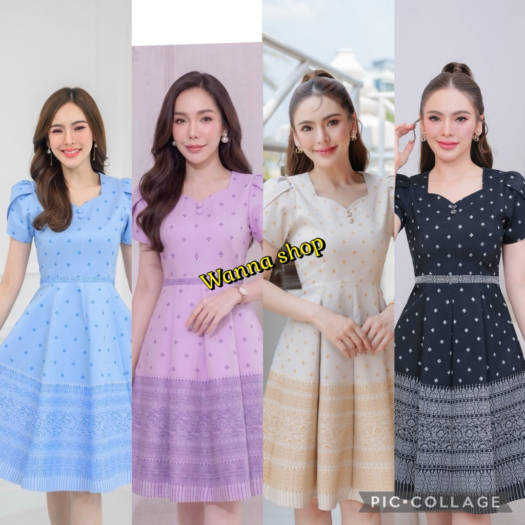 เดรสผ้าทอลายไหมคอหัวใจแขนกลีบบัวกระโปรงบาน สวยทรงดีอัดกาว