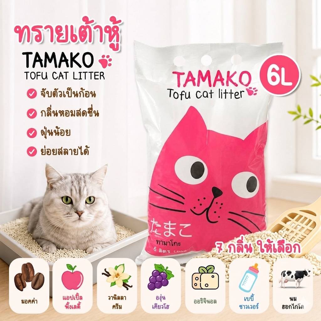 ทรายเต้าหู้ Tamako 6L (6ลิตร) เต้าหู้ญี่ปุ่น ทรายออร์แกนิค ทรายแมวอนามัย ไม่มีสารเคมี