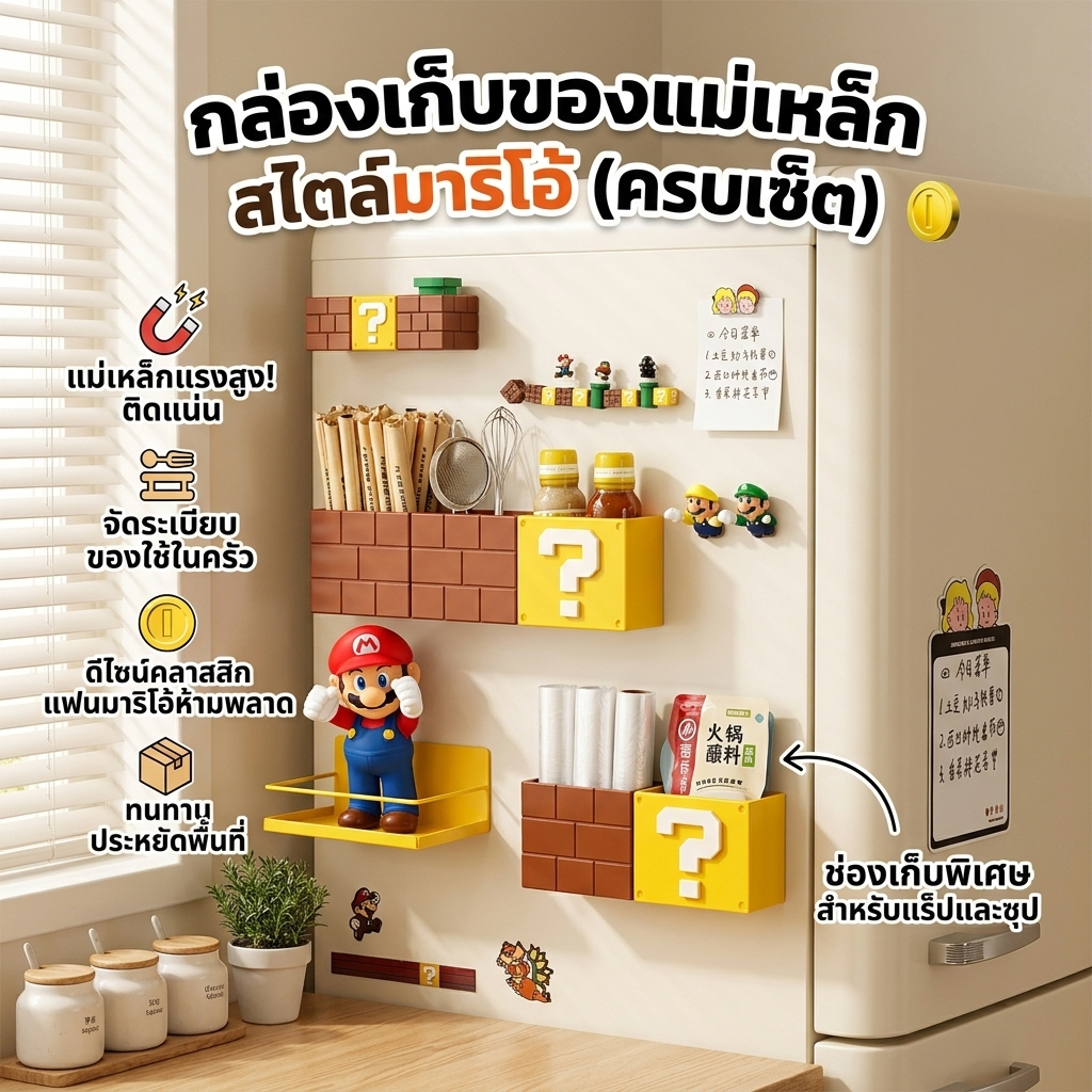 กล่องเก็บของแม่เหล็ก สไตล์มาริโอ้ ชั้นวางของติดตู้เย็น แม่เหล็กแรงสูง ติดแน่น จัดระเบียบห้องครัว