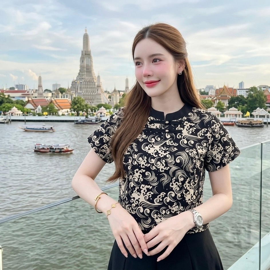 เสื้อคอจีนผู้หญิง เสื้อสีดำผ้าฝ้ายพิมพ์ลาย ทรงสวยใส่สบาย