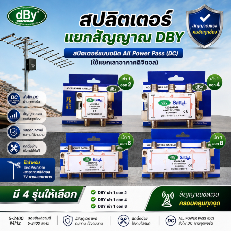 DBY สปิตเตอร์แยกสัญญาณทีวีดิจิตอล All Power Pass (DC) 5-2400MHz เข้า 1 ...
