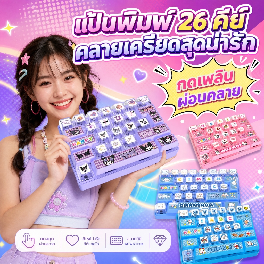 คีย์บอร์ดคลายเครียด คีย์บอร์ดจิ๋ว 26 ปุ่ม พวงกุญแจ Mechanical Keyboard เสียงคลิกน่ารัก ของเล่นเด็ก…