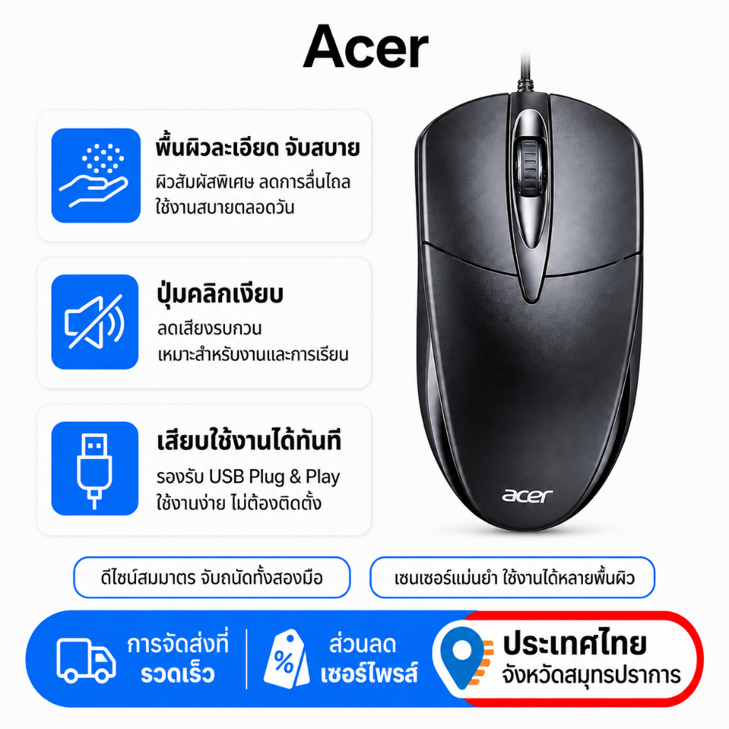 Acer M119 เมาส์มีสาย USB 1000DPI เมาส์เงียบ จับถนัดมือ ทนทาน ใช้เล่นเกม ทำงาน Office รองรับ PC Notebook
