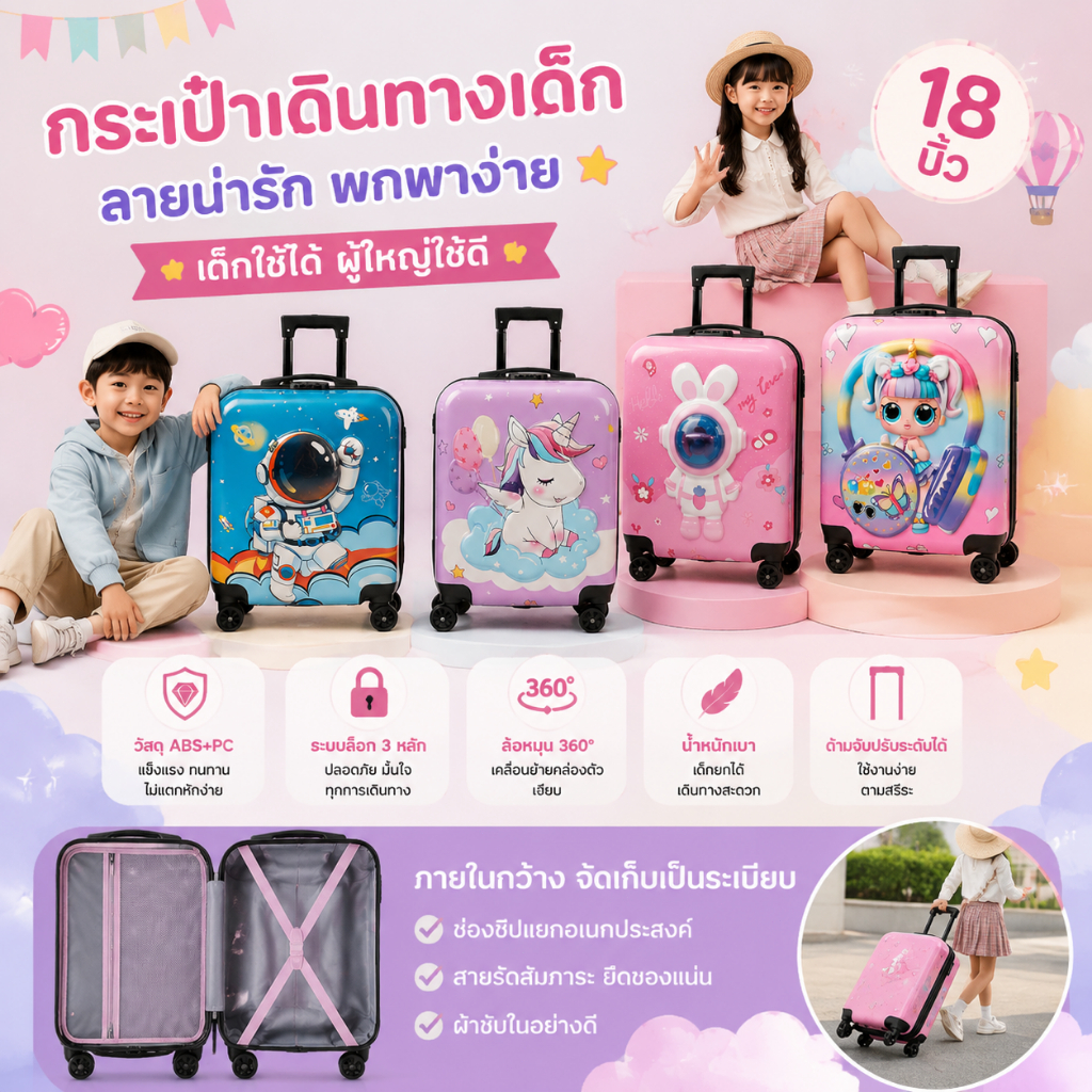 🎉ของขวัญฟรี🎉กระเป๋าเดินทางสำหรับเด็กลายการ์ตูนขนาด 18 นิ้ว/20 นิ้ว พร้อมล้อสากลและกุญแจล็อคแบบรหัส